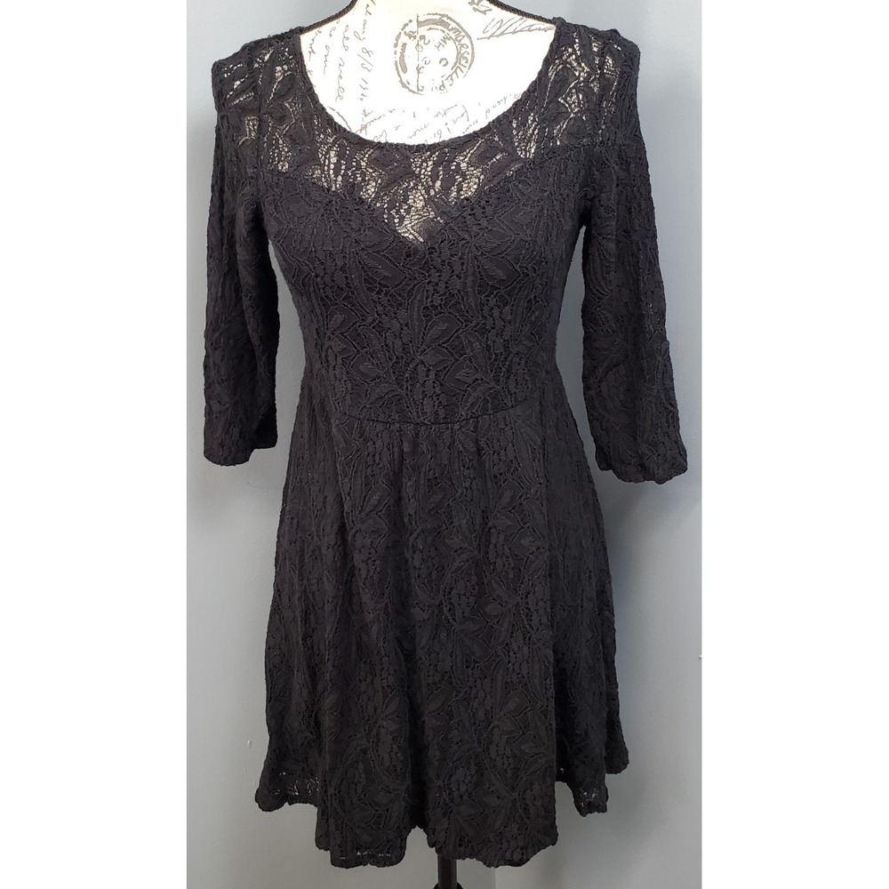 Free People Fit & Flare Dress Womens Small Black Yoke Lace Overlay Boho Party